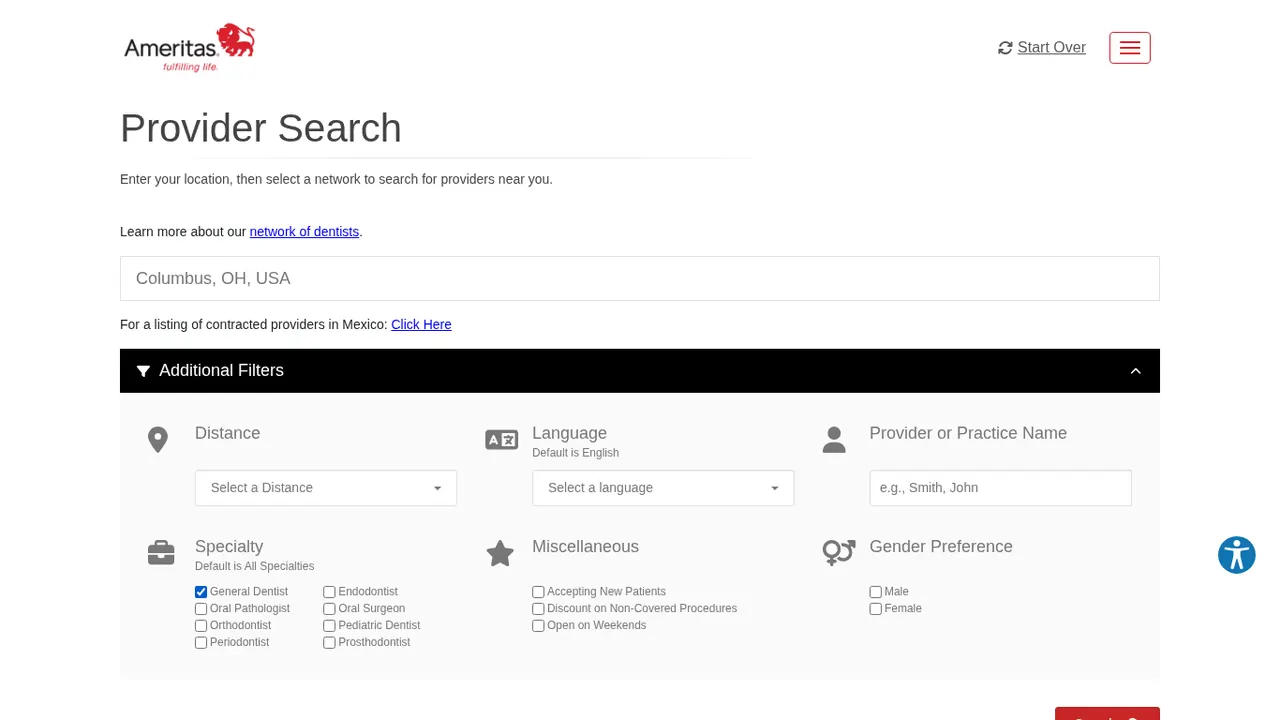 Choose General Dentist (Ameritas website screenshot)