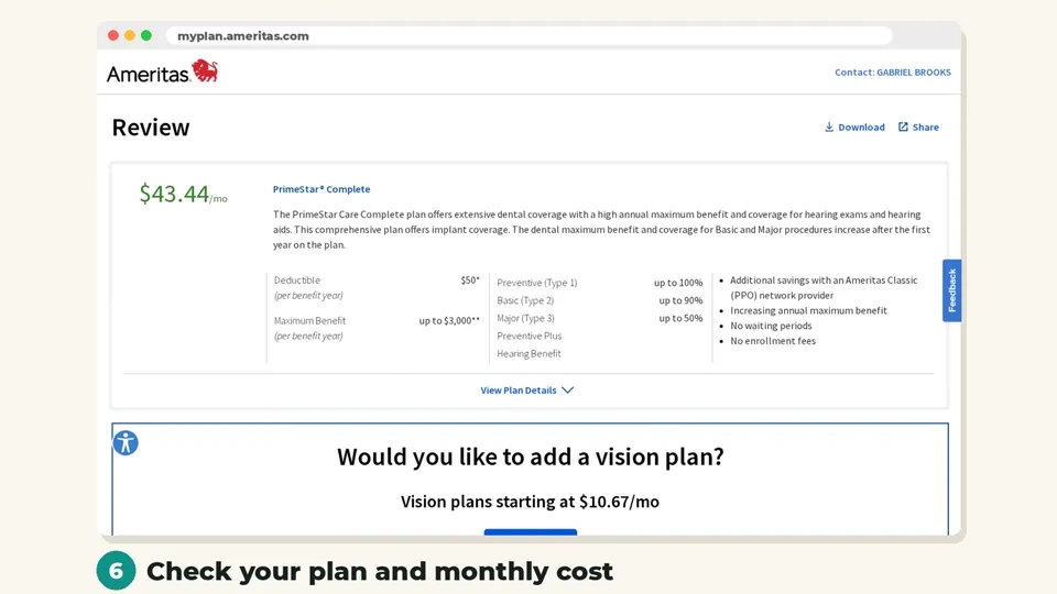 Check your plan and price (Ameritas website screenshot)